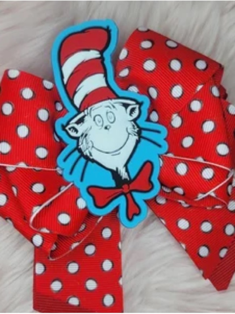 Red Polka Dot Hair Bow with Cat in the Hat Charm